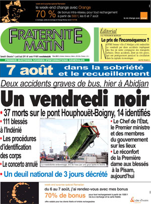 Newspaper in mourning - the frontpage of the Ivorian daily, Fraternité Matin