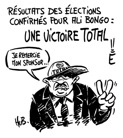 Election results confirmed by Ali Bongo: a TOTAL victory! I would like to thank my sponsor... A caricature of Bongo by Hub via Agora Vox, used with permission