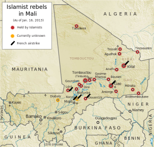 Mapa de la rebel·lió tuareg a l’Azawad, al nord de Mali indicant els atacs dels rebels el 5 d’abril de 2012 per Orionist a Wikipédia (CC-BY-3.0)