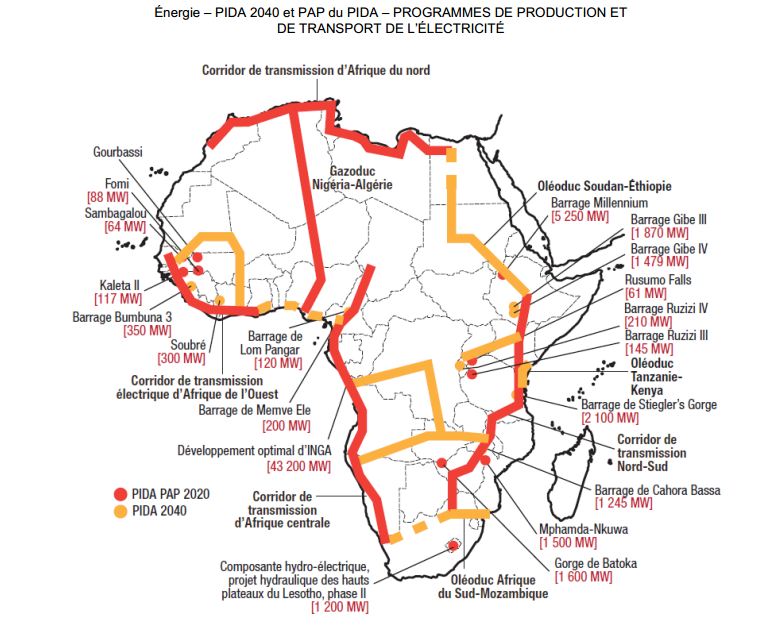 Programmes de production et de transport d'électricité en Afrique en 2040 développé par le PIDA avec autorisation 