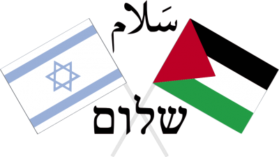 Affiche prônant la réconciliation: drapeaux israélien et palestinien et le mot paix en arabe et en hébreu.  via wikipédia CC-BY-2.0 