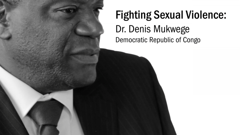 Plakát Dr. Mukwegeho o boji proti sexuálnímu násilí v Demokratické republice Kongo.