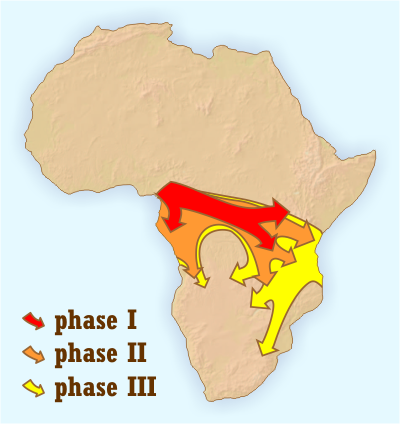 Carte des migrations bantoues en Afrique via Mark Dingemasse CC-BY-2.5