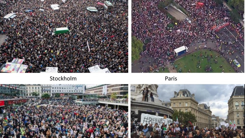 Les manifestations dans les grandes villes européennes en faveur des réfugiés ( various sources) 